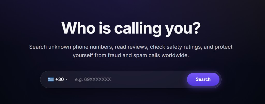 WhoCalled homepage with phone number search